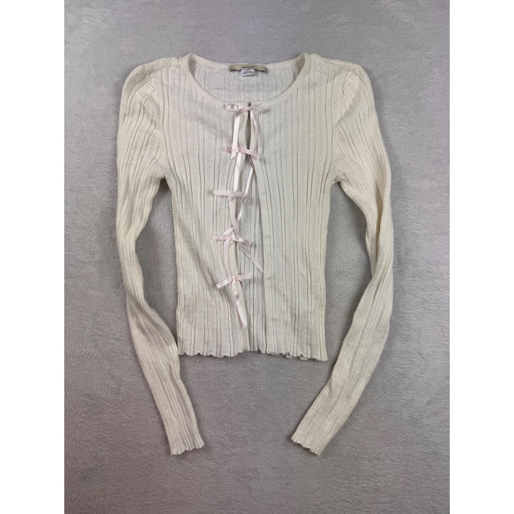 Kimchi Blue Cream Pointelle Knit Ribbon Tie Front Cardigan Small